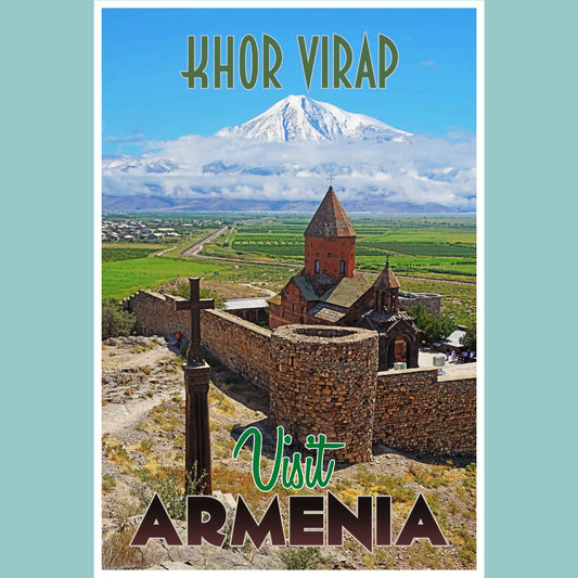 Vintage travel poster print showcasing the historic Khor Virab monastery, an iconic site in Armenia, an emerging travel destination, encapsulating the spirit of emerging world travel