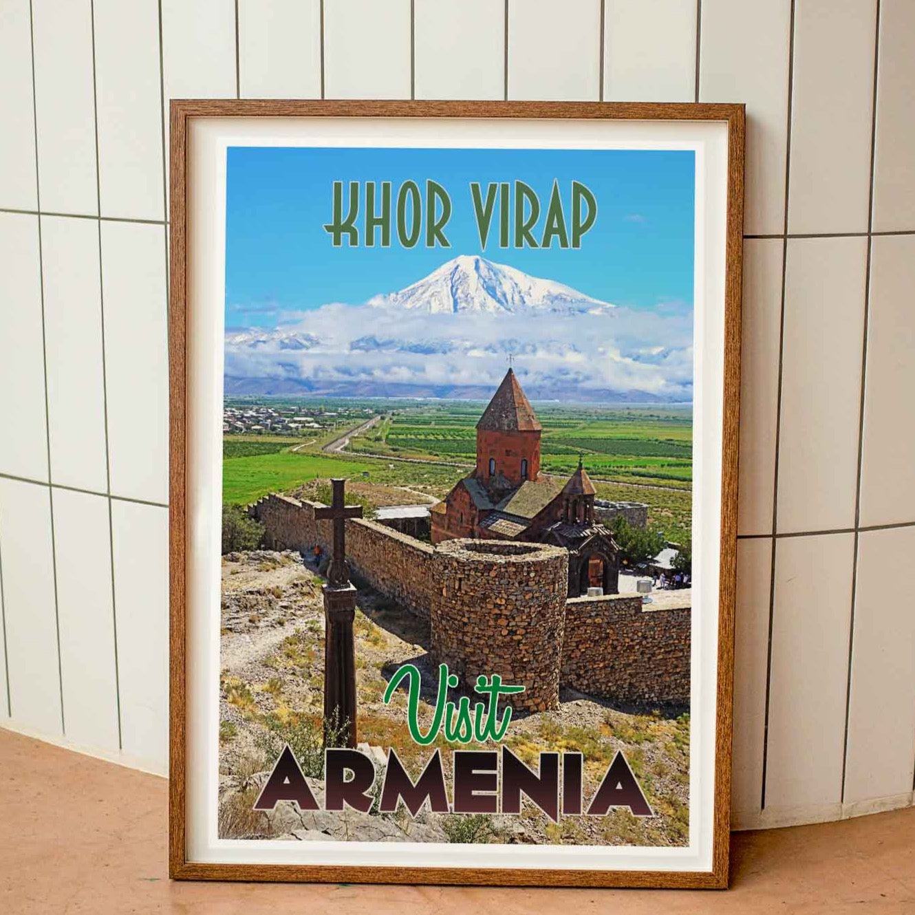 Framed vintage travel poster print featuring the iconic Khor Virab monastery in Armenia, representing the fascination of emerging travel destinations and the adventure of emerging world travel