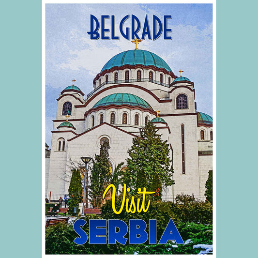 Vintage travel poster print showcasing the captivating cityscape of Belgrade, an emerging travel destination in Serbia, encapsulating the spirit of emerging world travel.