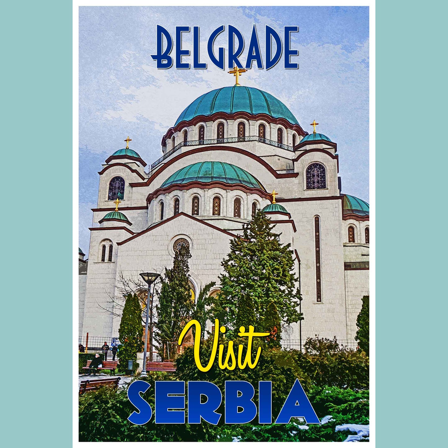 Vintage travel poster print showcasing the captivating cityscape of Belgrade, an emerging travel destination in Serbia, encapsulating the spirit of emerging world travel.