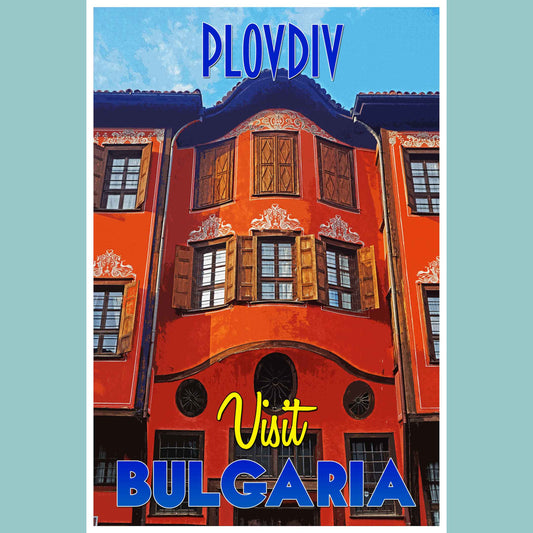 Vintage travel poster print depicting the cultural cityscape of Plovdiv, an emerging travel destination in Bulgaria, representing the intrigue of emerging world travel
