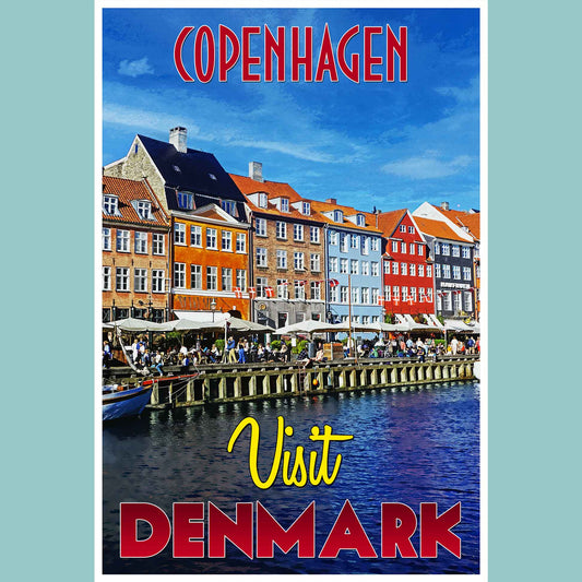 Vintage travel poster print highlighting the vibrant atmosphere of Copenhagen, an emerging travel destination in Denmark, embodying the adventure of emerging world travel