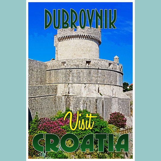 Vintage travel poster print illustrating the Venetian Walls of Dubrovnik, a symbol of this emerging travel destination in Croatia, demonstrating the charm of emerging world travel.