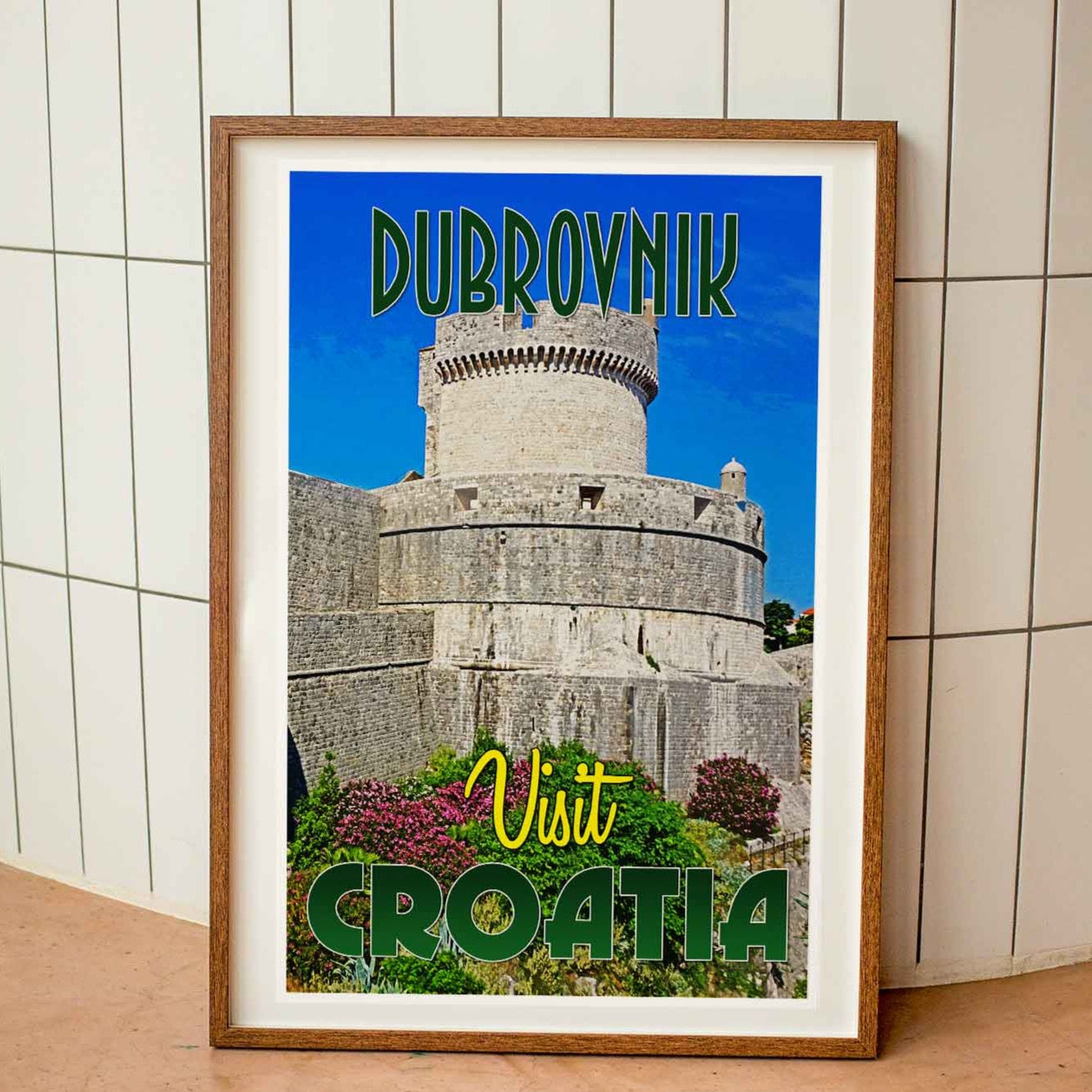 Wooden framed vintage travel poster print featuring the Venetian Walls of Dubrovnik, an intriguing sight in this emerging travel destination, showcasing the allure of emerging world travel