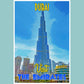 Vintage travel poster print showcasing the majestic Burj Khalifa, an iconic symbol of Dubai, an emerging travel destination in the emerging world travel scene.