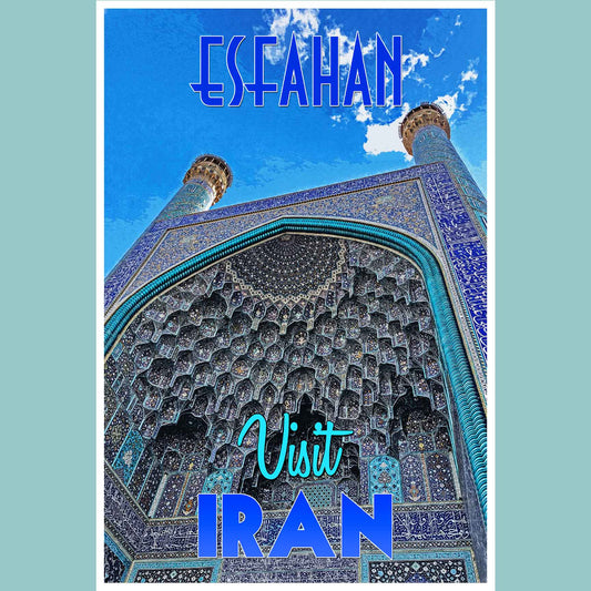 Vintage travel poster print depicting the stunning Shah Mosque in Esfahan, an emerging travel destination in Iran, reflecting the intrigue of emerging world travel.