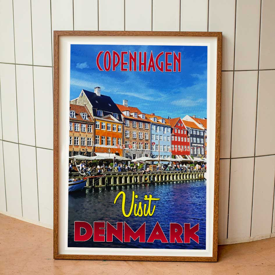 Vintage travel poster print highlighting the vibrant atmosphere of Copenhagen, an emerging travel destination in Denmark, embodying the adventure of emerging world travel. This poster is in a wooden frame. 