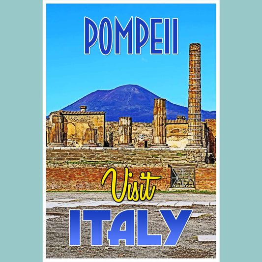 Vintage travel poster print illustrating the historic ruins of Pompeii, an emerging travel destination in Italy, capturing the essence of emerging world travel