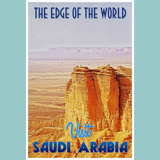 Vintage travel poster print depicting the breathtaking Edge of the World, an emerging travel destination in Saudi Arabia, demonstrating the intrigue of emerging world travel.
