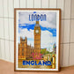 Wood-framed vintage travel poster print showcasing the timeless Big Ben, London Clock, epitomizing the allure of emerging travel destinations worldwide