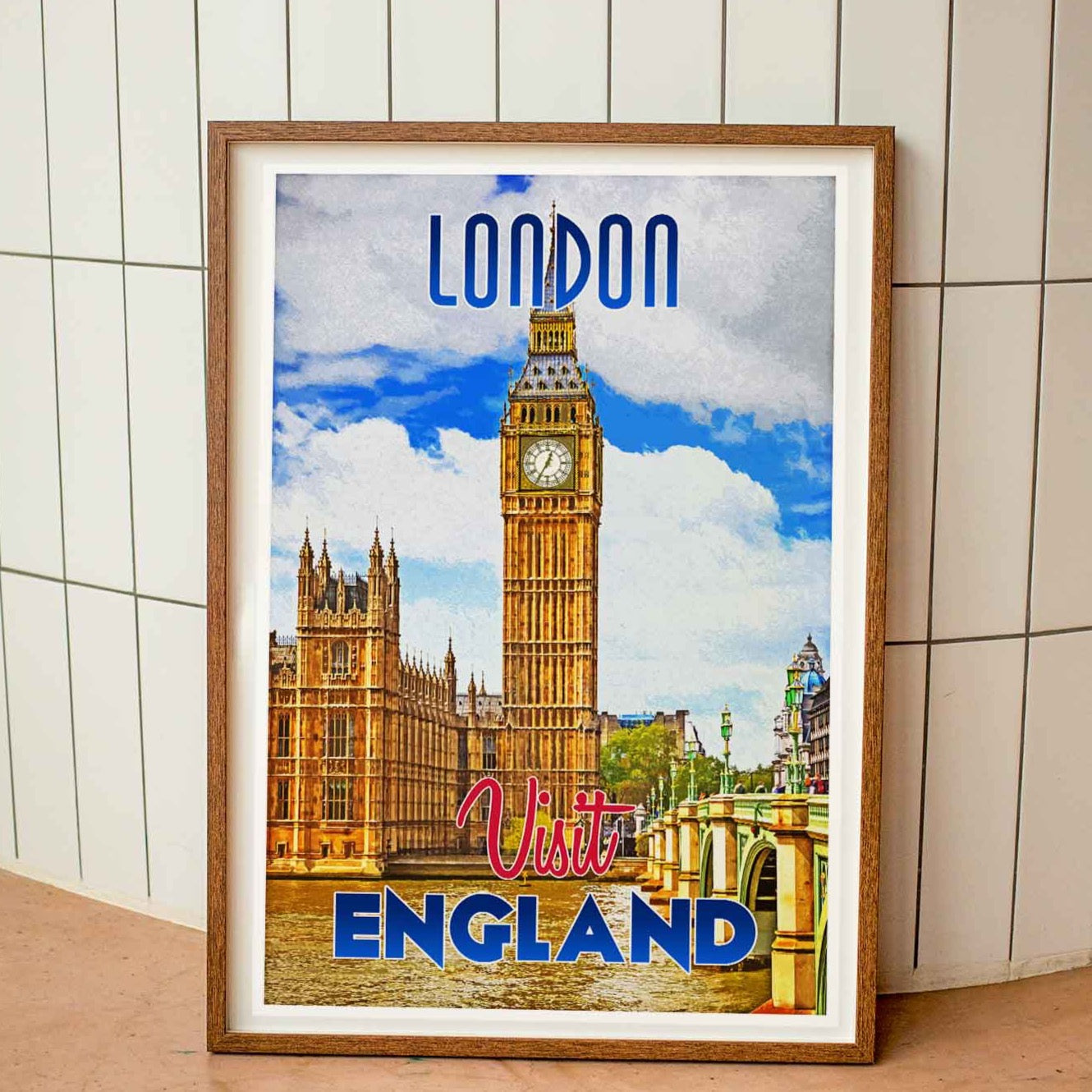 Wood-framed vintage travel poster print showcasing the timeless Big Ben, London Clock, epitomizing the allure of emerging travel destinations worldwide