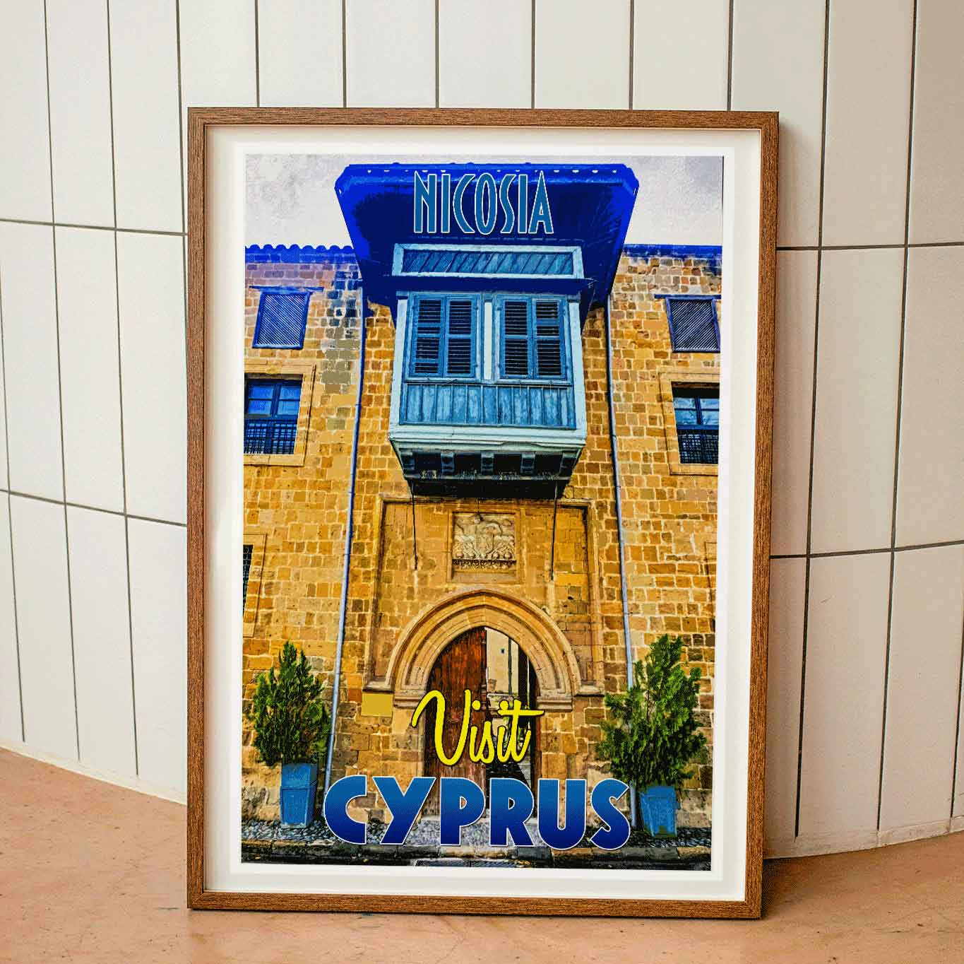 Vintage travel poster print featuring the scenic beauty of Nicosia. The travel poster is in a wooden frame.