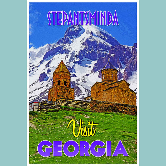 Vintage travel poster print showcasing the majestic Gergeti Trinity Church, nestled in the Caucasus Mountains of Stepantsminda, an emerging travel destination in Georgia, reflecting the wonder of emerging world travel