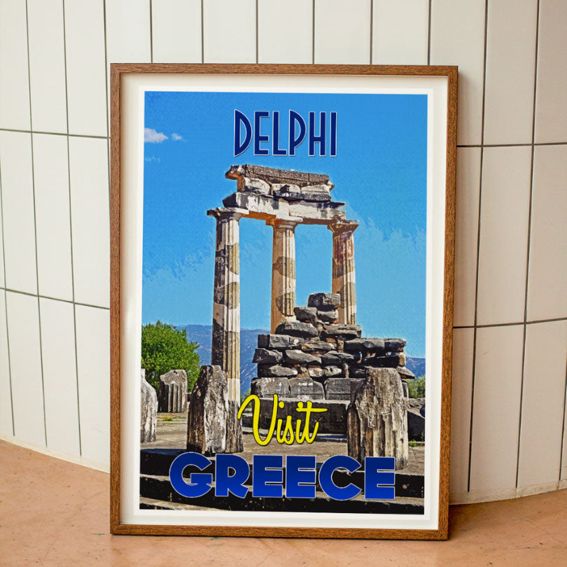 Vintage travel poster print displaying the historic site of Delphi, an emerging travel destination in Greece, illustrating the excitement of emerging world travel. This is a poster in wooden frame.