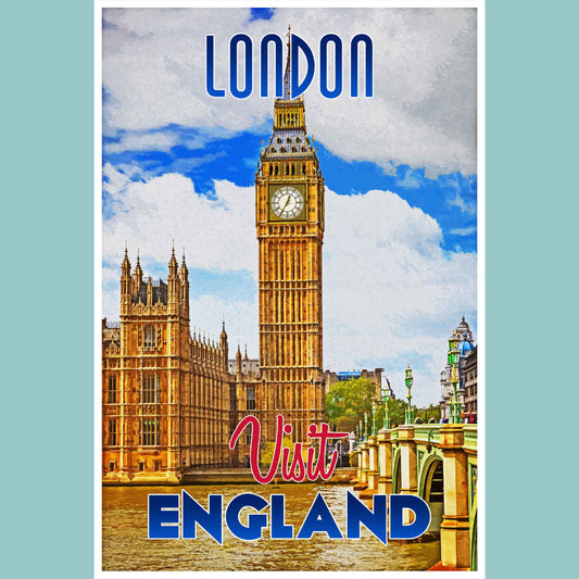 Vintage travel poster print depicting the iconic London Clock, Big Ben, an enduring symbol of London, an emerging travel destination in the emerging world travel scene