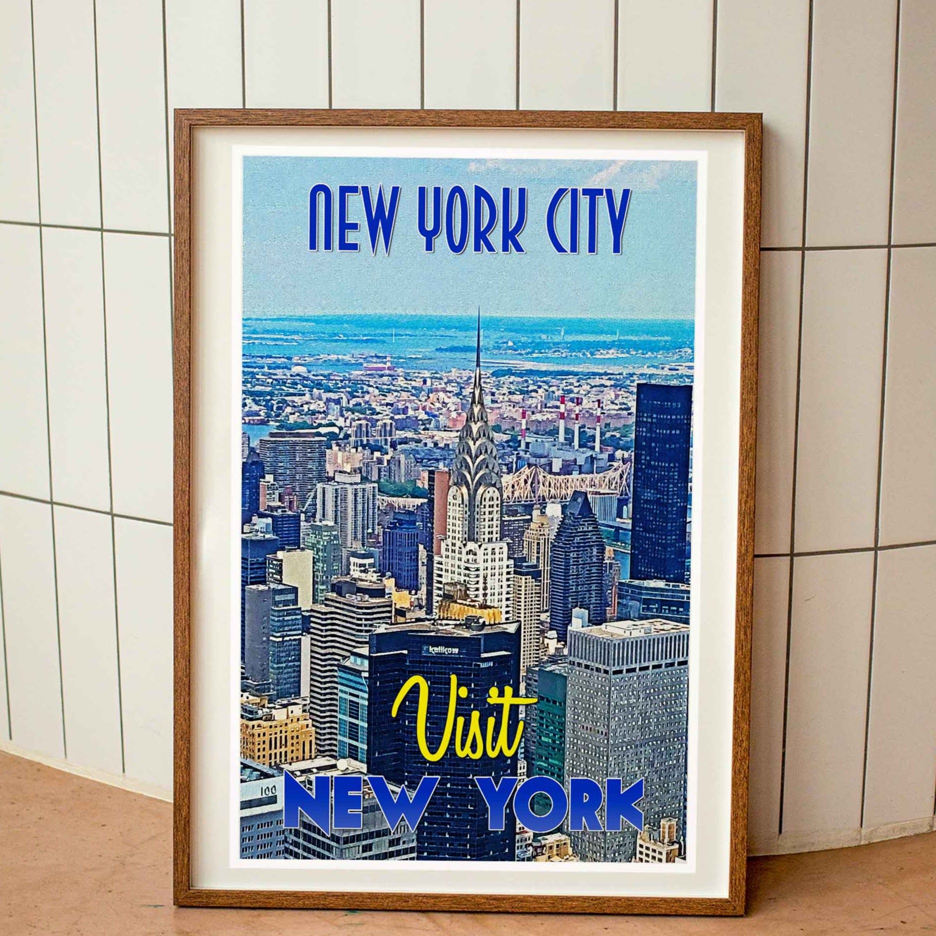 Wood-framed vintage travel poster print featuring the iconic cityscape of New York City, symbolizing the allure and vibrancy of emerging travel destinations worldwide