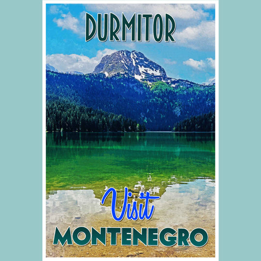 Vintage travel poster print highlighting the breathtaking landscapes of Durmitor, an emerging travel destination in Montenegro, showcasing the appeal of emerging world travel