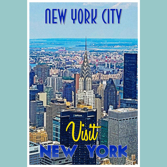 Vintage travel poster print showcasing the dynamic skyline of New York City, an emerging travel destination, illustrating the excitement of emerging world travel.