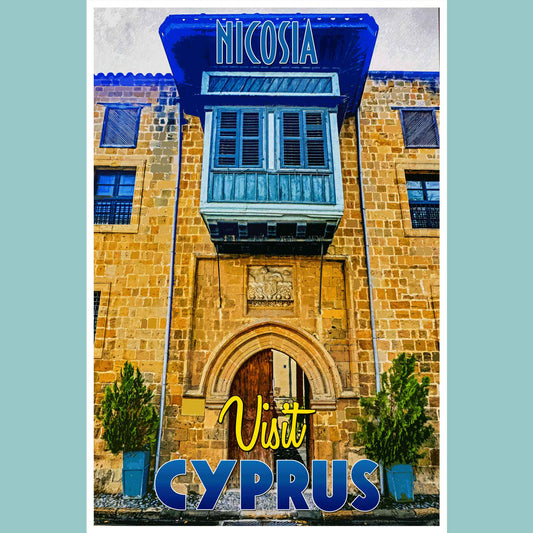 Vintage travel poster print featuring the scenic beauty of Nicosia, an emerging travel destination in Cyprus, representing the allure of emerging world travel