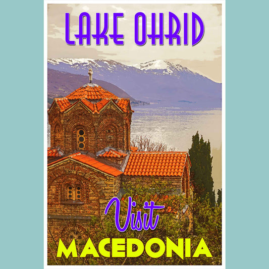Vintage travel poster print depicting the serene Lake Ohrid, an emerging travel destination in Macedonia, embodying the charm of emerging world travel