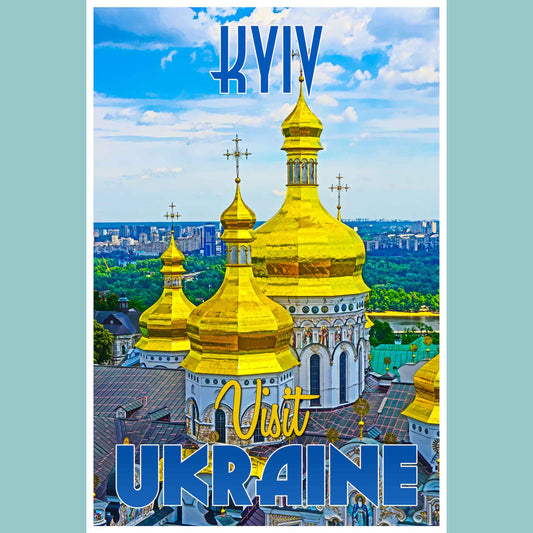 Vintage travel poster print featuring the historic Lavra Church in Kyiv, an emerging travel destination in Ukraine, highlighting the intrigue of emerging world travel