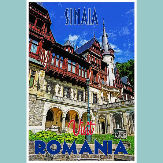 Vintage travel poster print highlighting the grand Peleș Castle in Sinaia, an emerging travel destination in Romania, demonstrating the allure of emerging world travel