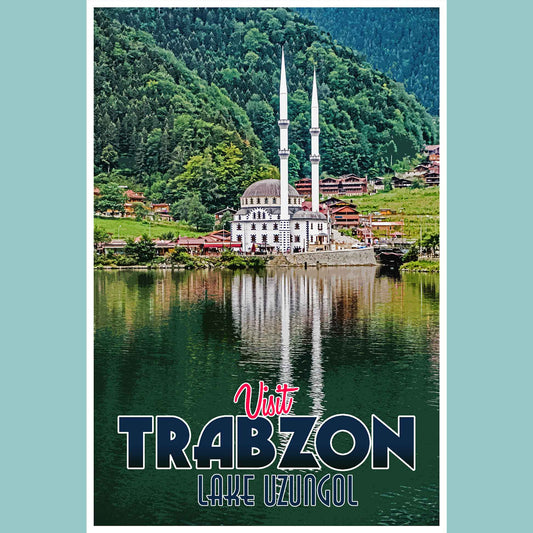 Vintage travel poster print showcasing the tranquil Lake Uzungol, an emerging travel destination in Trabzon, Turkey, capturing the spirit of emerging world travel
