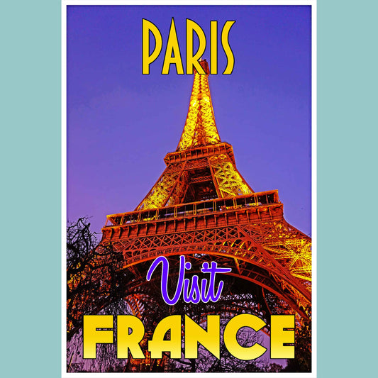 Vintage travel poster print showcasing the iconic Eiffel Tower in Paris, a hallmark of this emerging travel destination, exemplifying the romance of emerging world travel.