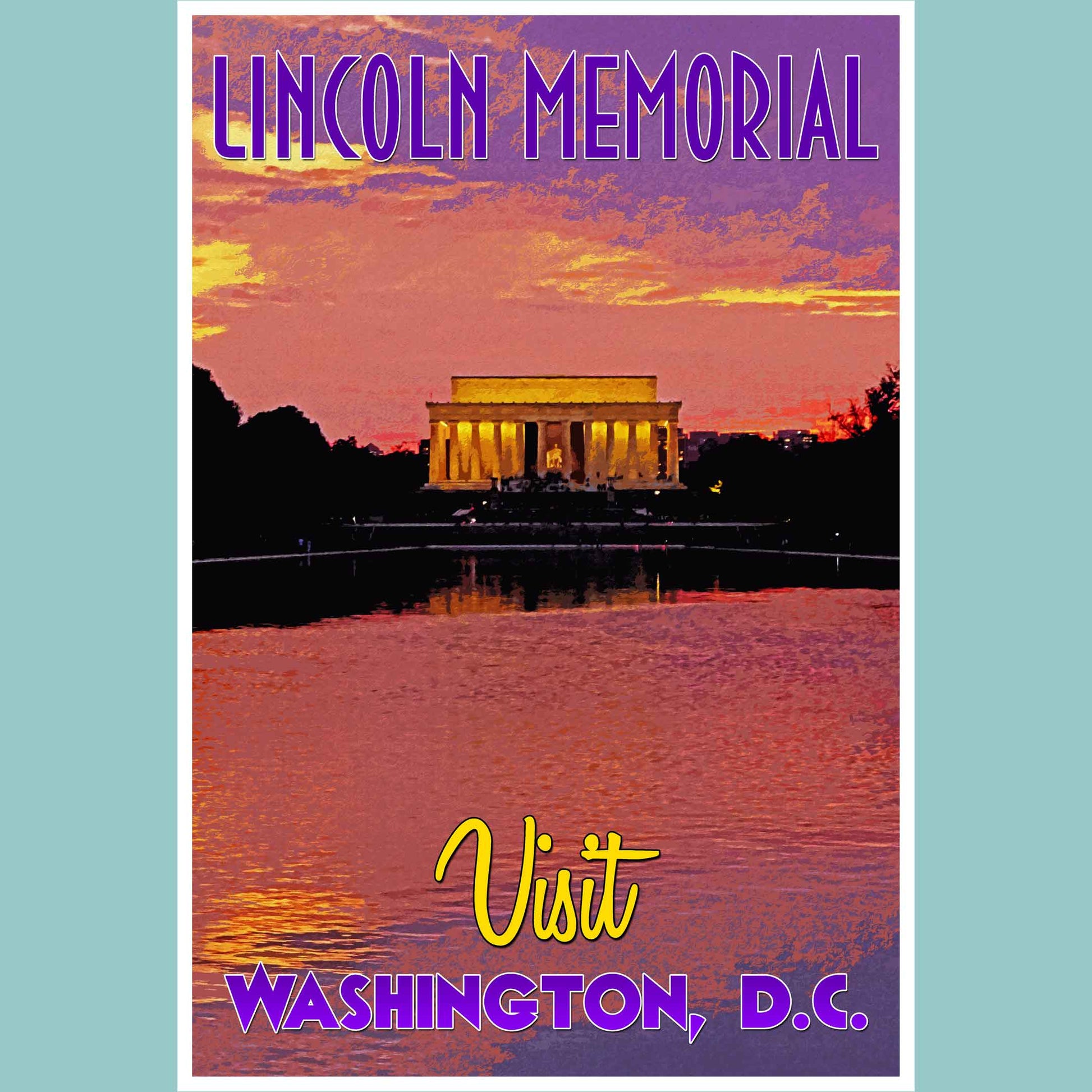 Vintage travel poster print depicting the majestic Lincoln Memorial in Washington D.C., a significant site in this emerging travel destination, reflecting the essence of emerging world travel.