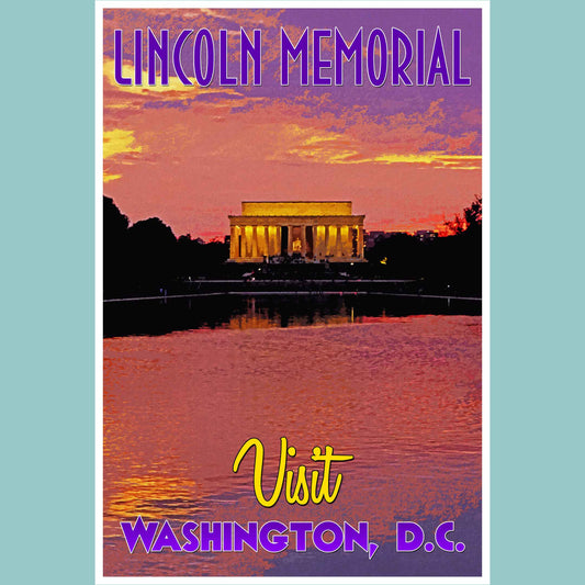 Vintage travel poster print depicting the majestic Lincoln Memorial in Washington D.C., a significant site in this emerging travel destination, reflecting the essence of emerging world travel.