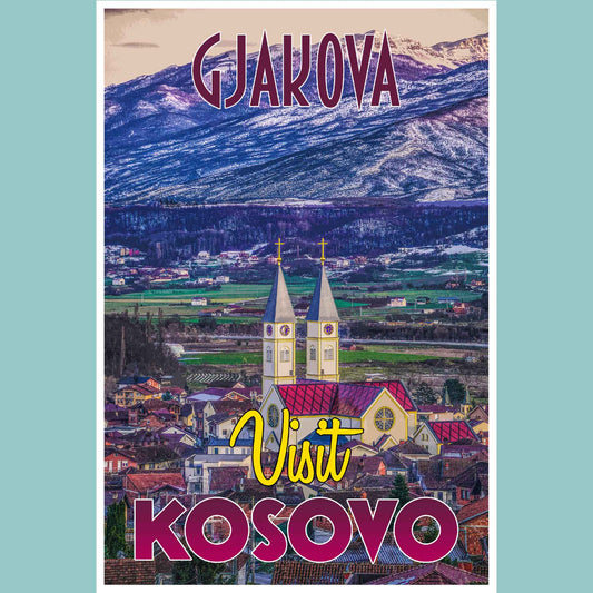 Vintage travel poster print highlighting the Church of St. Paul and St. Peter in Gjakova, an emerging travel destination in Kosovo, encapsulating the spirit of emerging world travel.