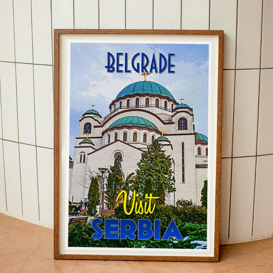 Belgrade Serbia Travel poster by Emerging World Travel in a wooden frame