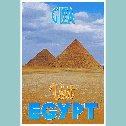 Vintage travel poster print showcasing the iconic Giza Pyramids, a significant site in Egypt, an emerging travel destination, capturing the wonder of emerging world travel.