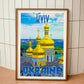 Wood-framed vintage travel poster print showcasing the grandeur of Lavra Church in Kyiv, Ukraine, an iconic representation of emerging travel destinations in the world