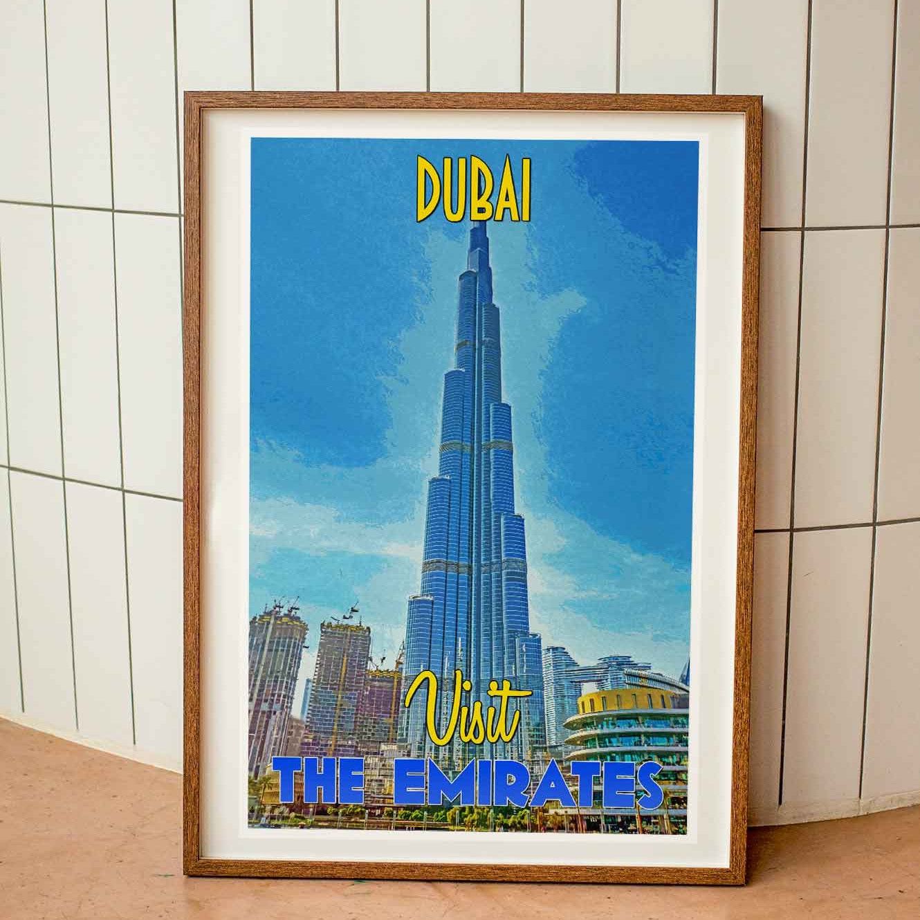 Framed vintage travel poster print showcasing the iconic Burj Khalifa in Dubai, an emblematic feature of emerging travel destinations, representing the allure of emerging world travel