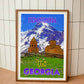 Wood-framed vintage travel poster print featuring the scenic Gergeti Trinity Church in the Caucasus Mountains of Stepantsminda, Georgia, exemplifying the allure of emerging travel destinations worldwide