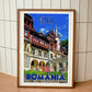 Wood-framed vintage travel poster print featuring the enchanting Peleș Castle in Sinaia, Romania, a testament to the intrigue of emerging travel destinations in the world