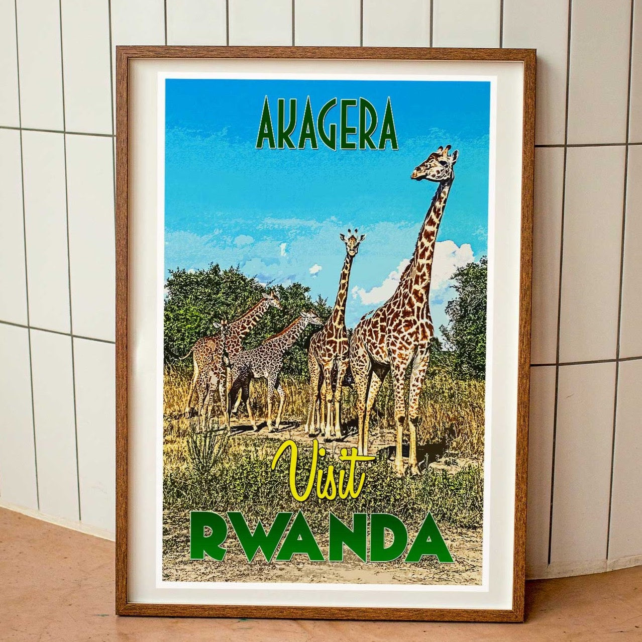 Rwanda Akagera park poster in a wooden frame