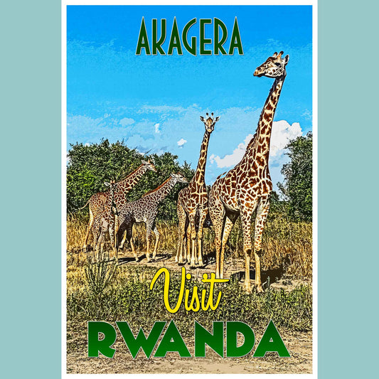 Vintage travel poster print featuring Akagera National Park, one of the emerging travel destinations in Rwanda, showcasing the beauty of emerging world travel