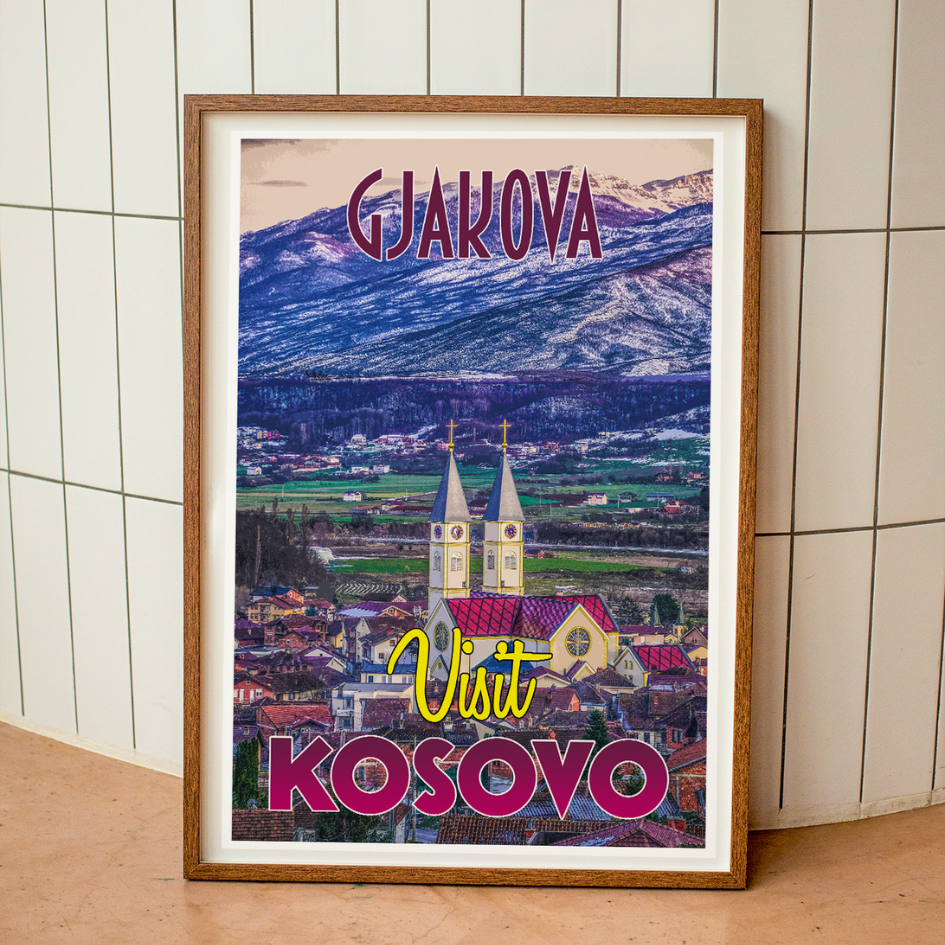 Wood-framed vintage travel poster print featuring the historic Church of St. Paul and St. Peter in Gjakova, Kosovo, embodying the allure of emerging travel destinations worldwide.