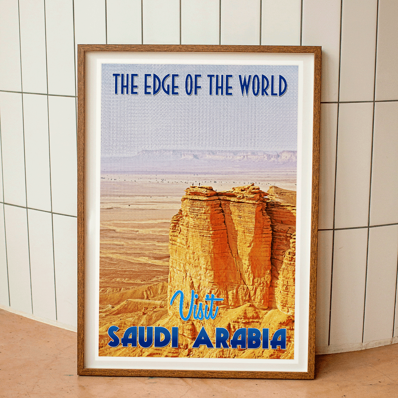 Wood-framed vintage travel poster print featuring the captivating view of the Edge of the World in Saudi Arabia, illustrating the charm and allure of emerging travel destinations worldwide.