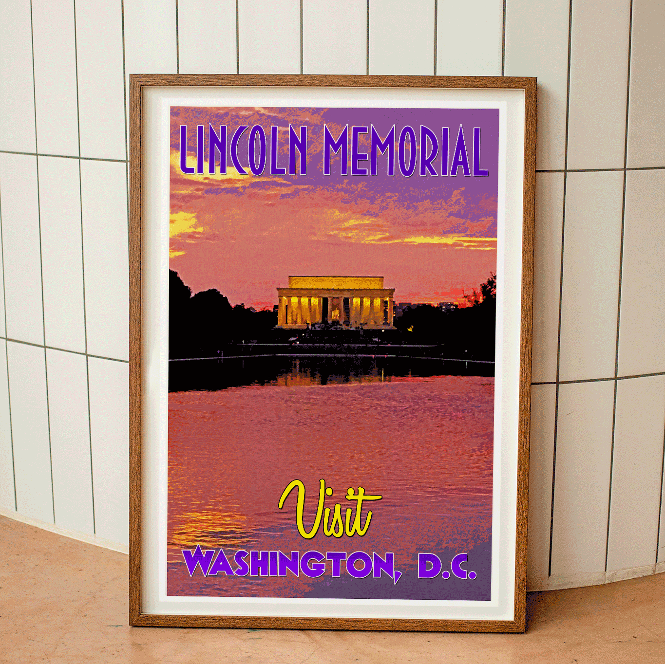 Wood-framed vintage travel poster print featuring the historic Lincoln Memorial in Washington D.C., a testament to the intrigue and allure of emerging travel destinations worldwide.